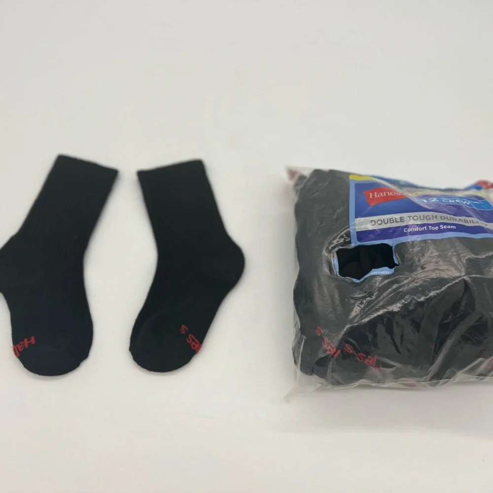 Hanes 10-Pack Cushion Crew Socks Boys Black Reinforced Comfort S Fit4.5-8.5 Shoe